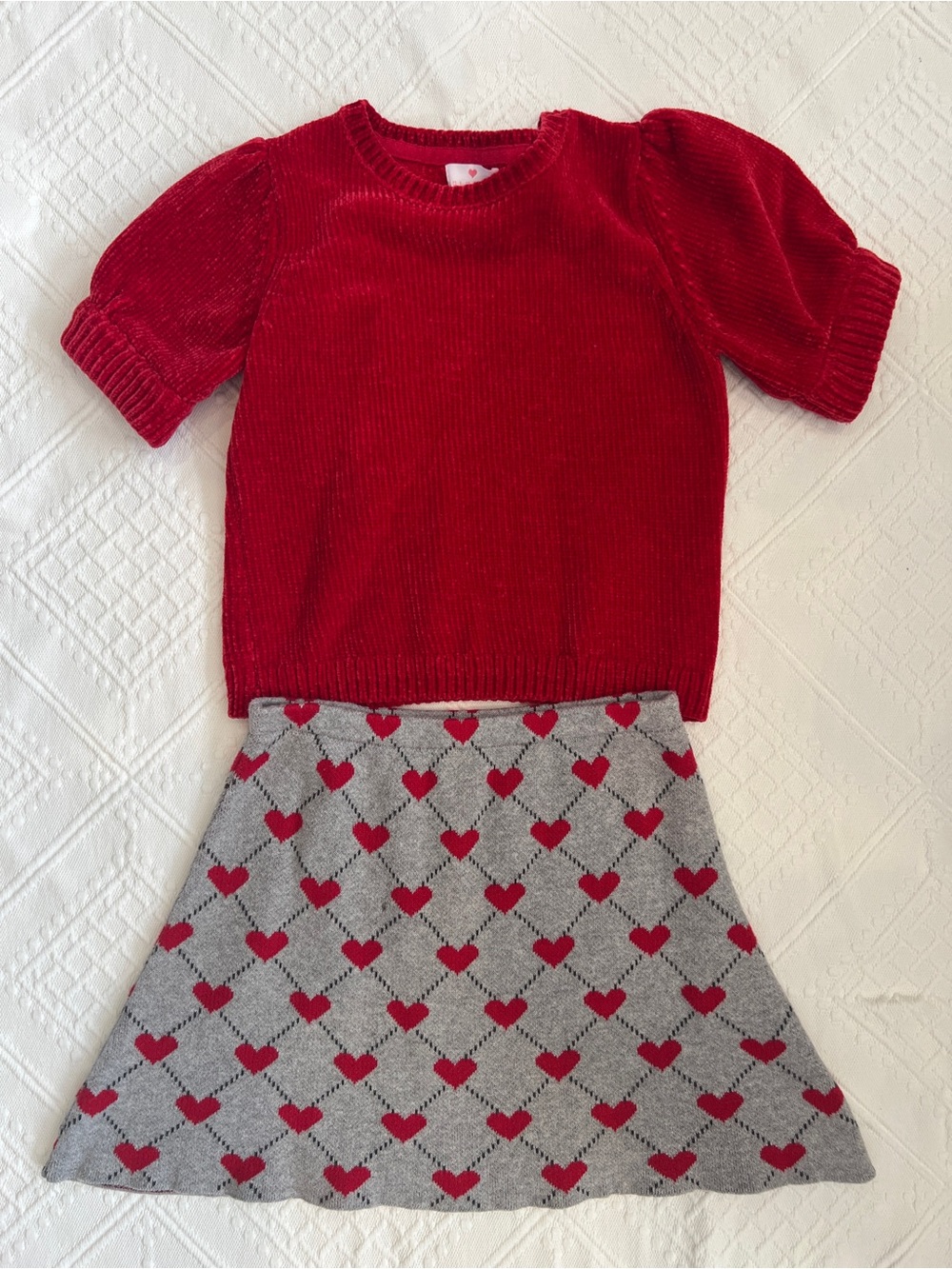 Red Corduroy Puff-Sleeve Top and Gray Heart Knit Skirt Set